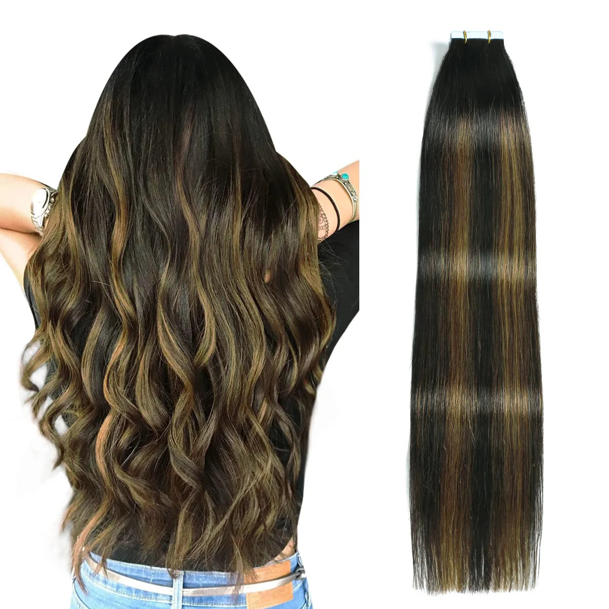 Highlight Human Hair Tape in Hair Extensions Silky Straight Remy Hair Extensions for Women to Add Hair Volume&Length&Highlight