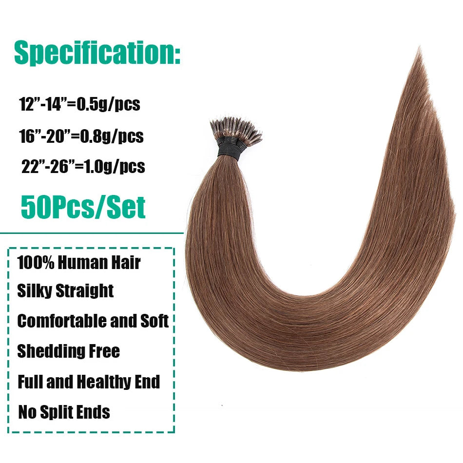 100Pcs & 50Pcs Straight Nano Ring Hair Extensions 32 Colors European Micro Beads Ring Human Hair Extensions 0.5g/0.8g/1g/Strand