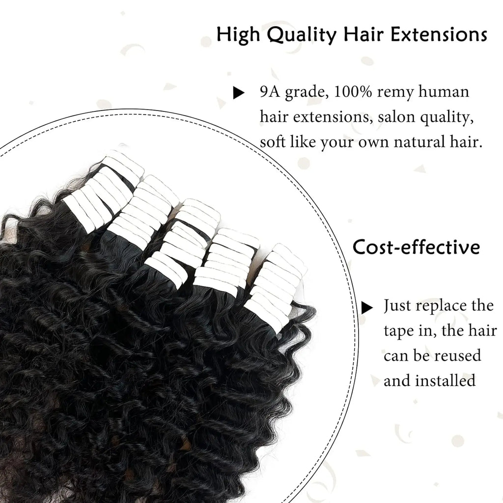 Tape In Human Hair Extensions Deep Wave 20 Pcs/Set Adhesive Seamless Brazilian Hair Skin Weft Tape Ins Curly Hair Natural Black