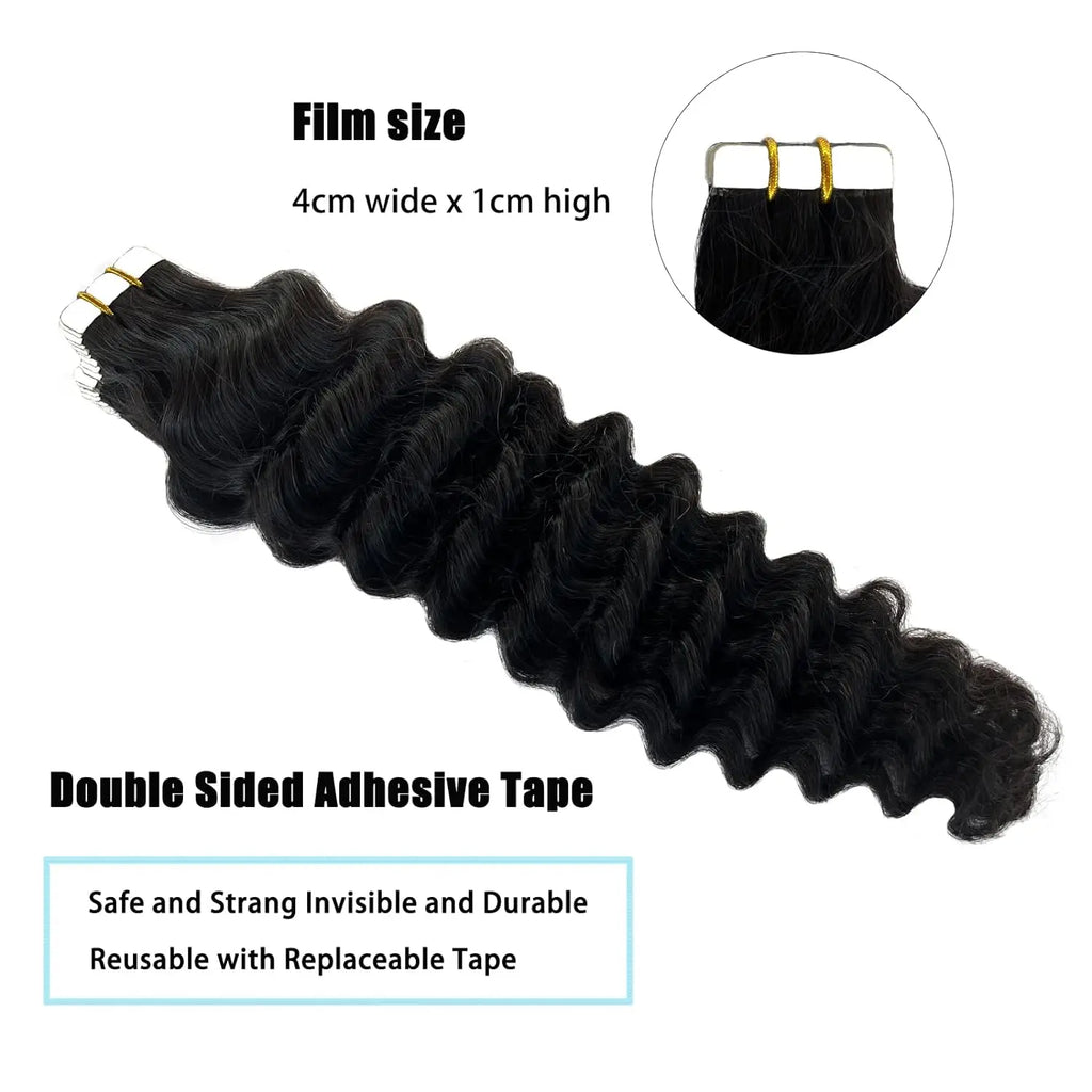 Tape In Human Hair Extensions Deep Wave 20 Pcs/Set Adhesive Seamless Brazilian Hair Skin Weft Tape Ins Curly Hair Natural Black