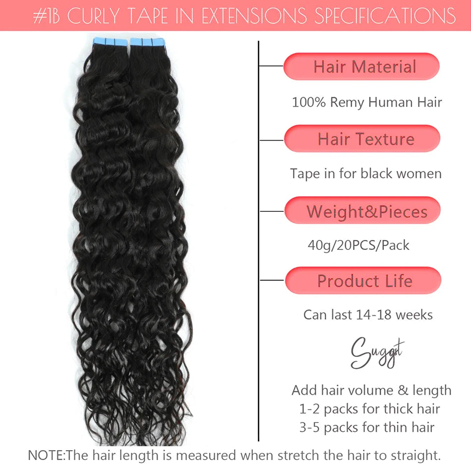 Extensions Cheveux Naturels Tape-in Ondulées Brésiliennes - 20 Pièces Noir Brun Blond
