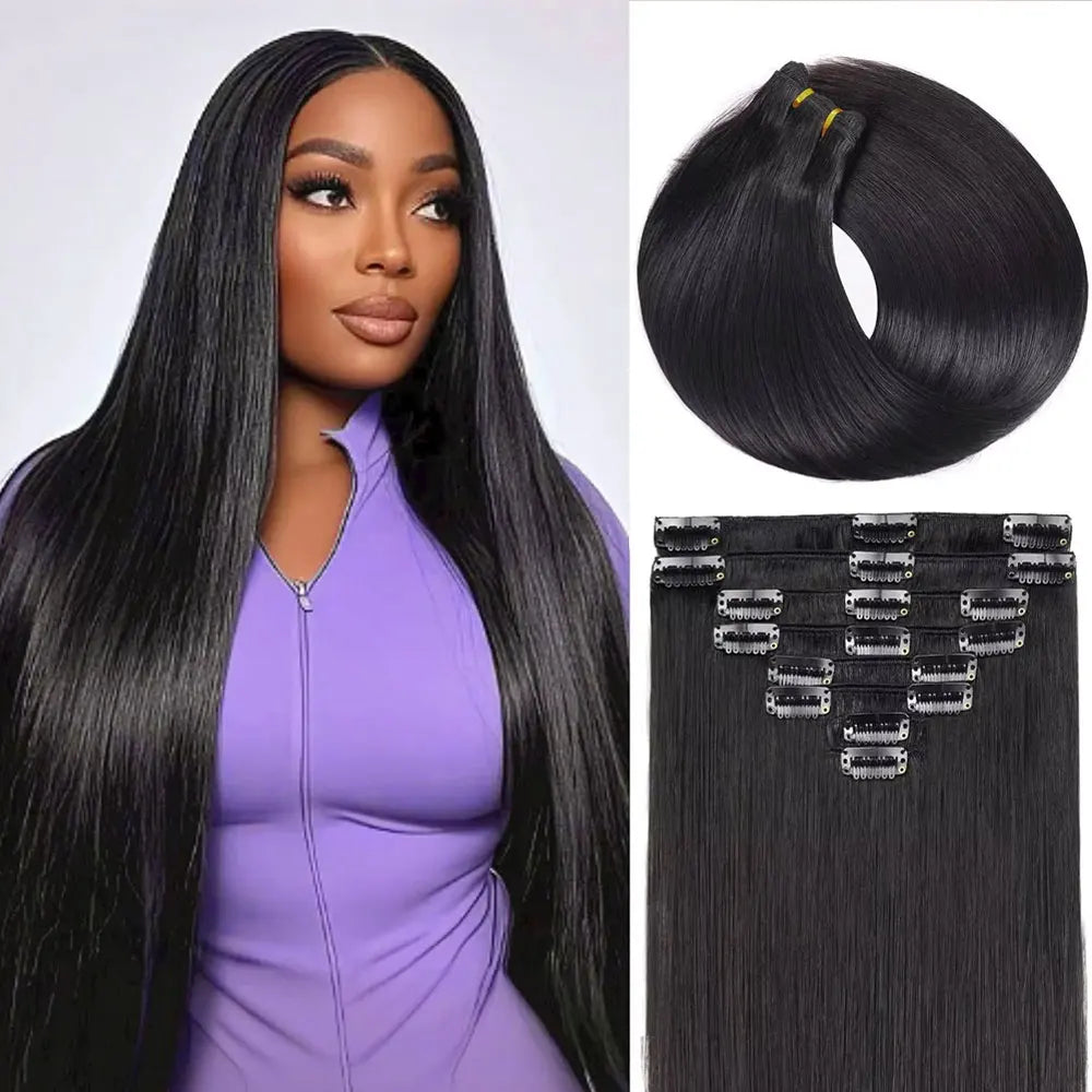 Clip in Hair Extensions Real Human Hair,100% Brazilian Remy Human Hair Extensions for Women,1B Natural Black 8Pcs Per Set