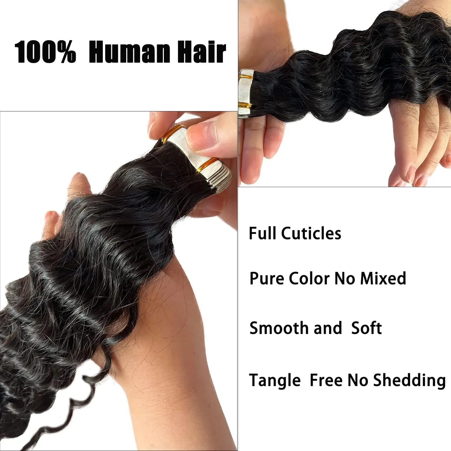 Tape In Human Hair Extensions Deep Wave 20 Pcs/Set Adhesive Seamless Brazilian Hair Skin Weft Tape Ins Curly Hair Natural Black