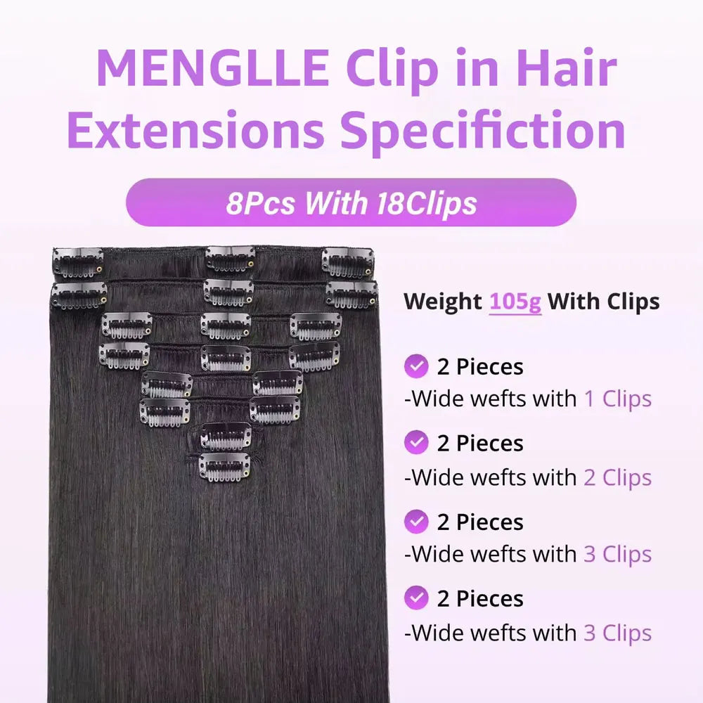 Clip in Hair Extensions Real Human Hair,100% Brazilian Remy Human Hair Extensions for Women,1B Natural Black 8Pcs Per Set
